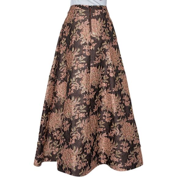 Alice + Olivia  Brown Lurex Floral Jacquard Pleated Rachelle Maxi Skirt S - Picture 3 of 6